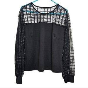 Shein Contrast Mesh Long Sleeve Crewneck Black Blouse 2 XL